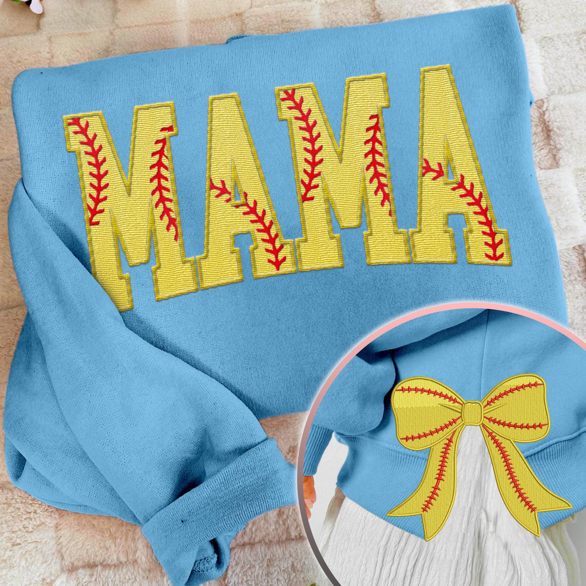 MAMA Softball Coquette Side Bow Sweatshirt, Retro Trendy Coquete Lover Sweater, Bow Applique Pink Girl Gifts