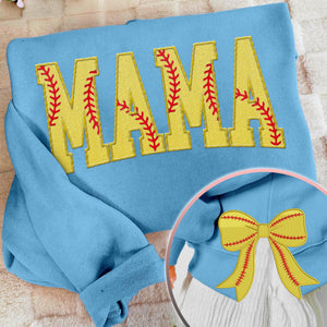 MAMA Softball Coquette Side Bow Sweatshirt, Retro Trendy Coquete Lover Sweater, Bow Applique Pink Girl Gifts