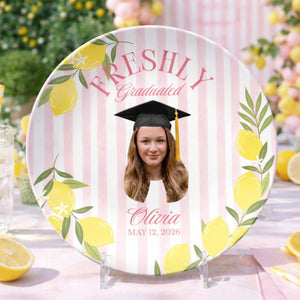 Lemon Themed Graduation Party, Custom Photo Plate, Freshly Graduated, Welcome Sign Custom Citrus Grad Party Plate, Pastel Pink Lemon Table Decor