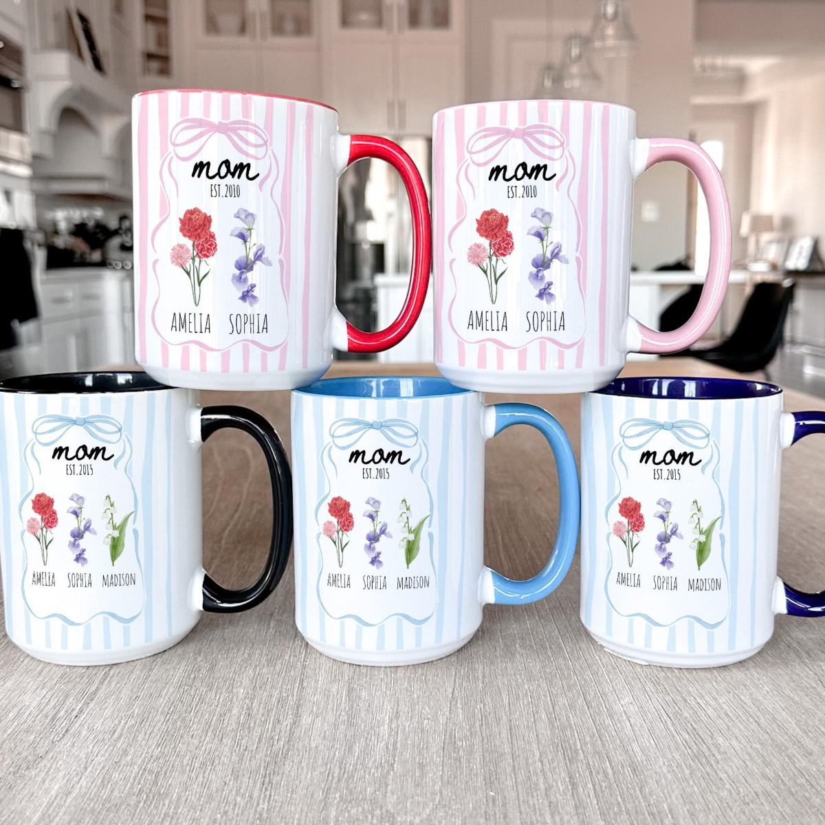 Custom Mom Mug with Kids Names, Birth Month Flower Mug, Coquette Personalized Name Mug