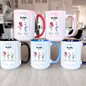 Custom Mom Mug with Kids Names, Birth Month Flower Mug, Coquette Personalized Name Mug