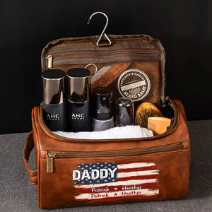 Proud To Be American Dad - Personalized Leather Toiletry Bag - Gift For Father, Gift For Grandpa, Father's Day Gift