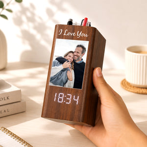 Personalized Photo Pen Holder Clock, Custom Wooden Desk Organizer with LED Digital Clock, Personalized Office Gift for Him Her, Custom Picture Holder