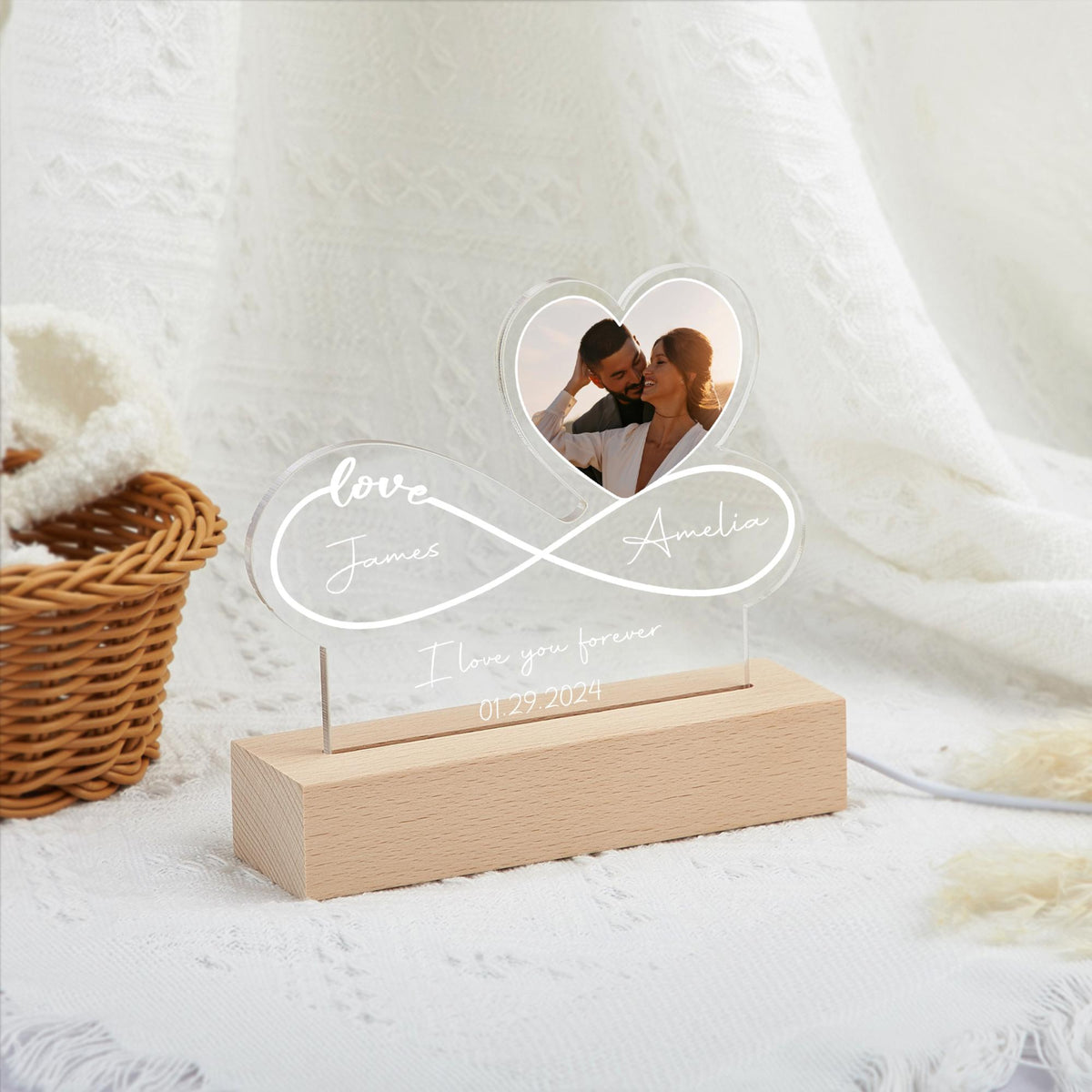 Infinity Love Custom Couple Photo Night Light Plaque, Bedroom Decor, Gift for Couple