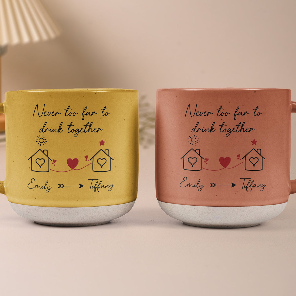 Never Too Far To Drink Together - Personalized Pottery Mug - Gift For Long Distance Relationship