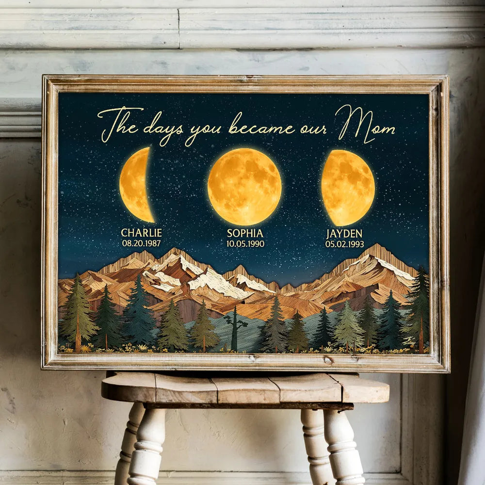 Mountain Valley The Day You Became Mom Grandma Custom Birth Moon Phase - Personalized Canvas - Mother's Day Gift For Mom, Grandma