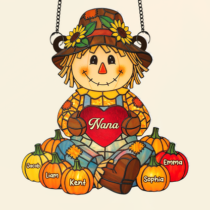 Fall Scarecrow Grandma with Pumpkins Grandkids Names - Personalized Suncatcher Ornament - Autumn Gift For Grandma & Family
