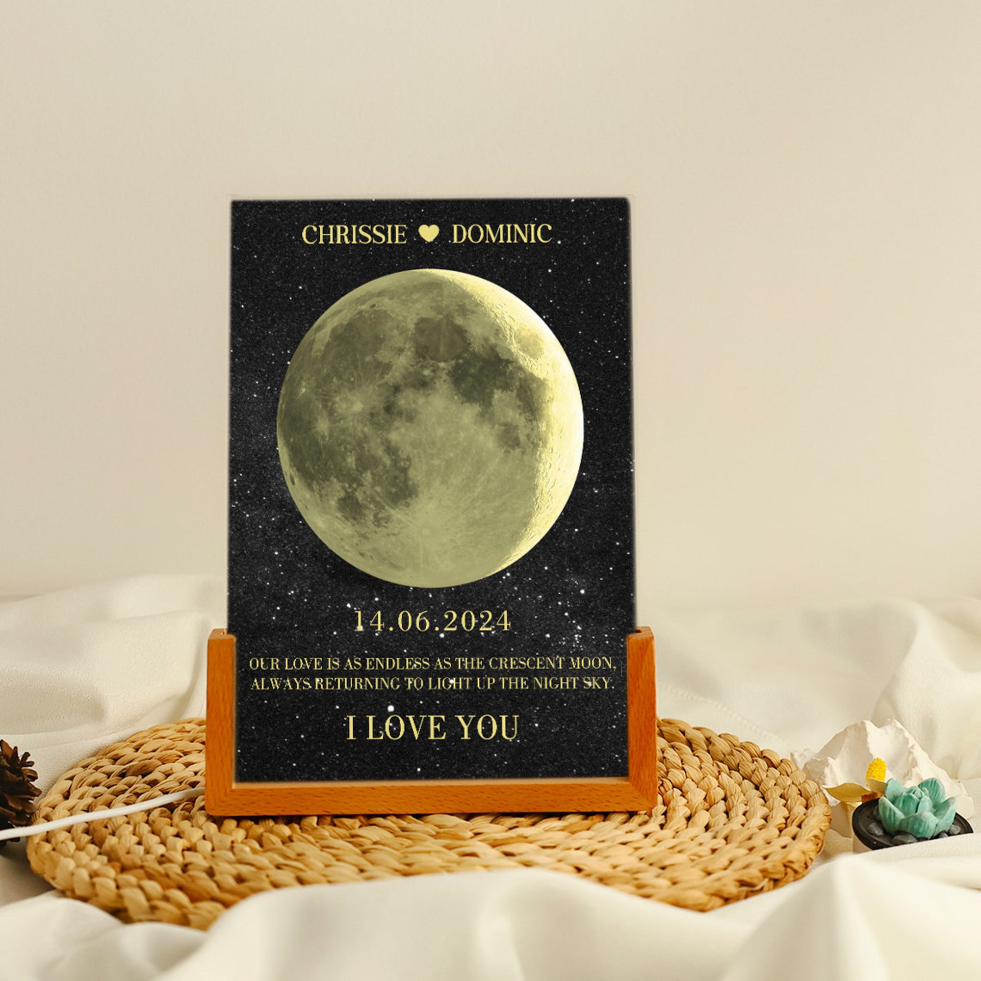 Personalized Moon Lamp, Custom Night light Moon Phase, LED Acrylic Night Light Couple Room Decor, Valentinedays Gift Plaque for Couple