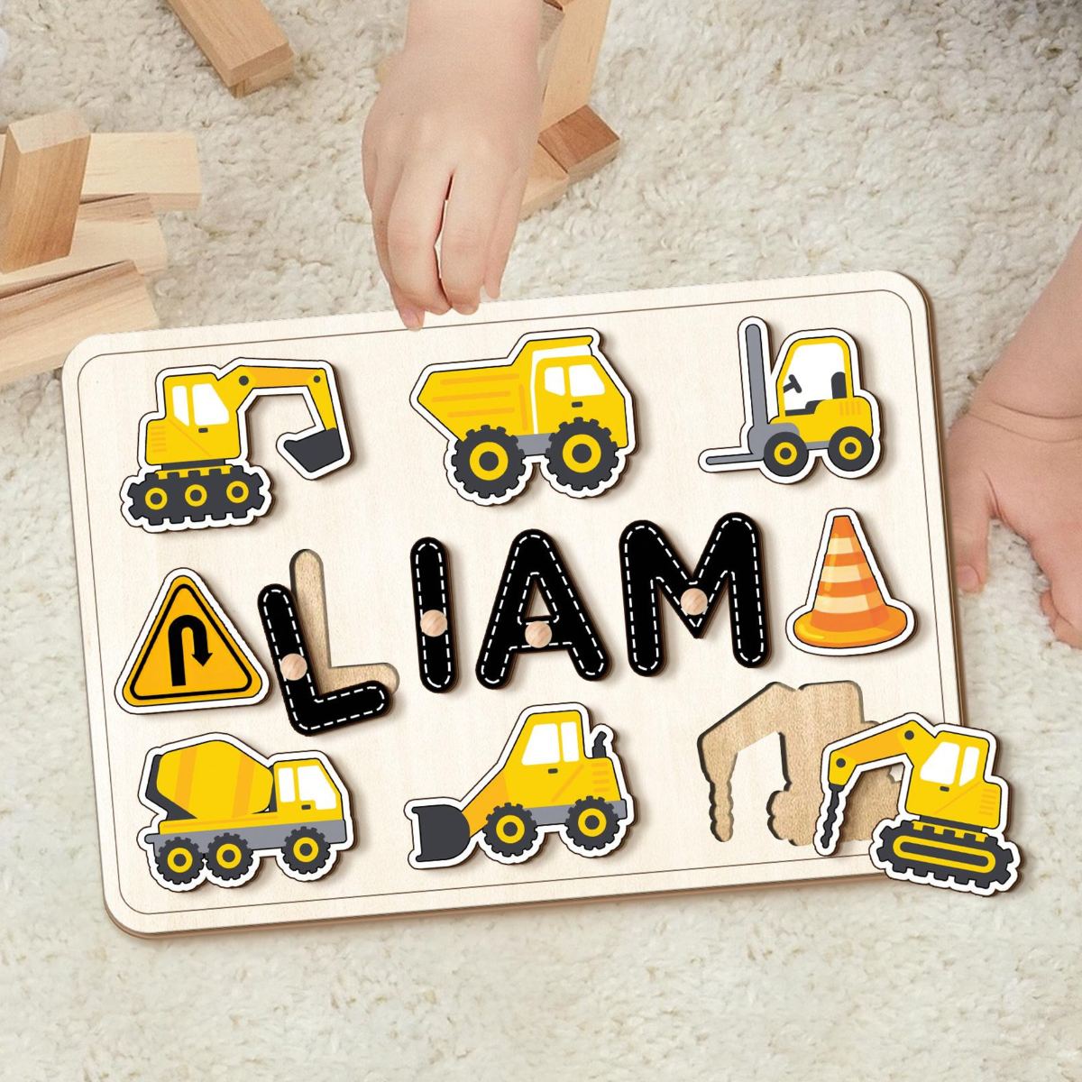 Personalized Construction Wooden Name Puzzle, Dump Truck, Digger Construction Set, Birthday Gifts for Baby Boy, Kids Name Puzzle
