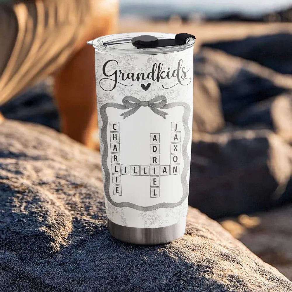 Grandkids Toile De Jouy Crossword - Personalized Tumbler - Gift For Grandma