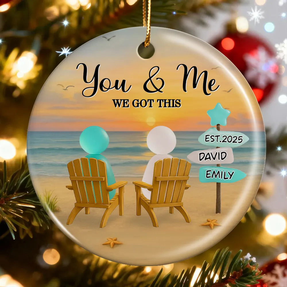 3D Effect Sea Glass Couple Romantic Beach Landscape - Personalized Ornament - Christmas Gift For Couple