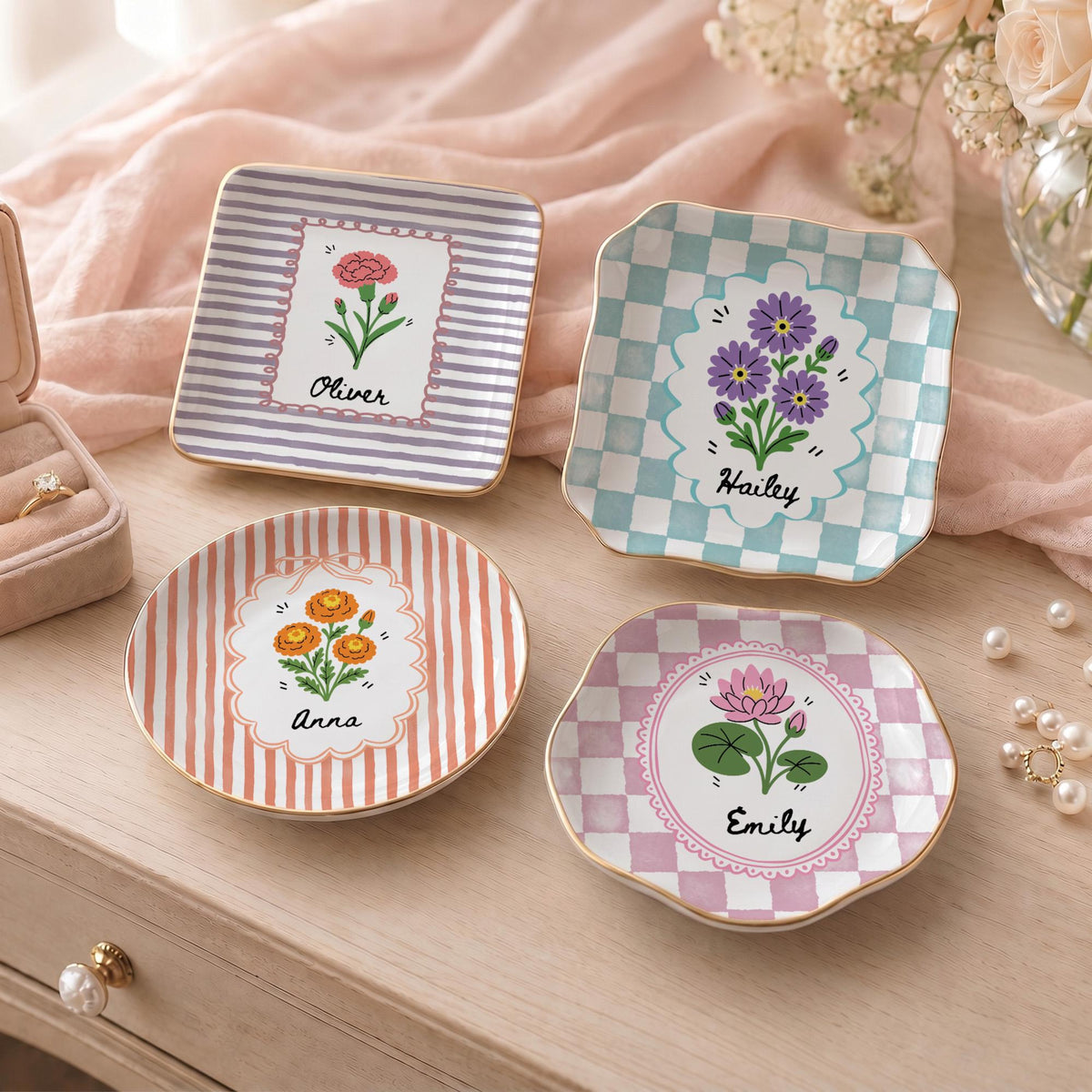 Personalized Birth Flower Custom Name Ring Dish, Stripe Vintage Style Jewelry Dish for Her Daughter Friends, Bridesmaid Proposal Gift
