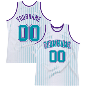 Custom White Teal Pinstripe Teal-Purple Authentic Basketball Jersey