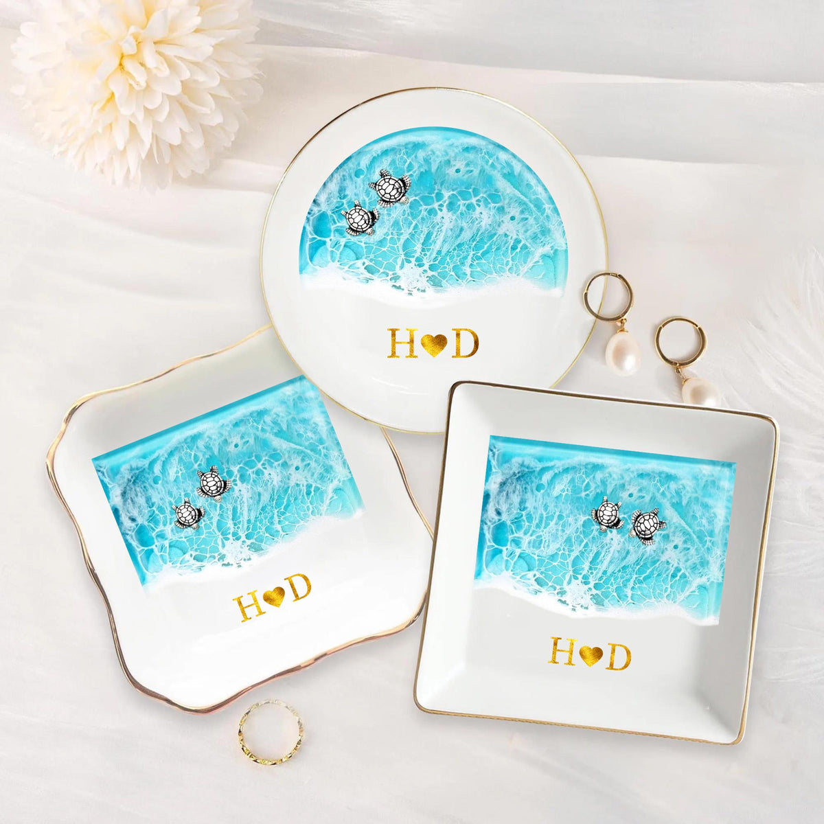 Custom Sea Turtle Couple Ring Dish, Wedding Anniversary Gift, Ocean Jewelry Tray, Engagement Gift, Couples Gift, Wedding Party Favors