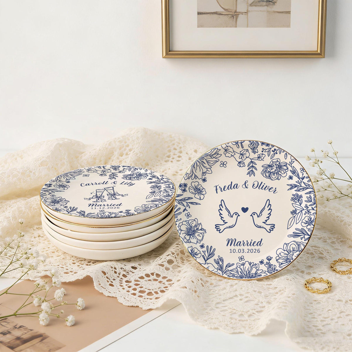 Personalized Wedding Ring Dish, Flower Jewelry Dish for Couple, Sentimental Gift for Bride, Engagement Gift, Anniversary Married Keepsake