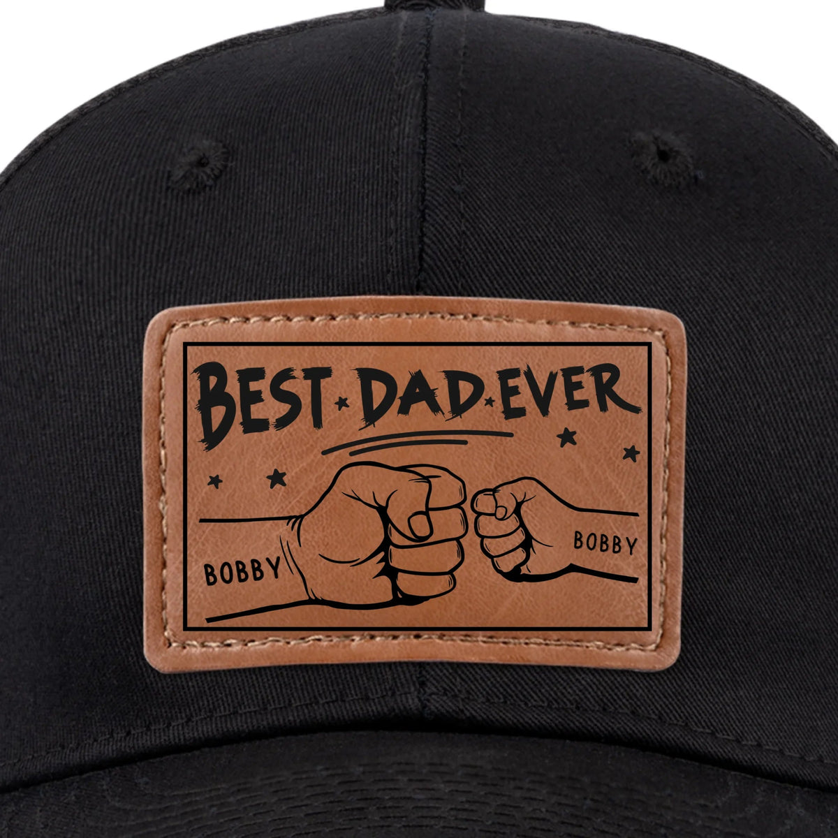 Best Dad Ever Fist Bumps - Personalized Leather Label Net Hat - Gift For Dad, Grandpa, Father's Day Gift