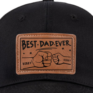 Best Dad Ever Fist Bumps - Personalized Leather Label Net Hat - Gift For Dad, Grandpa, Father's Day Gift