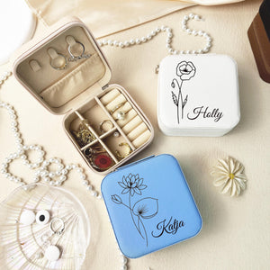 Outline Art Flower Custom Name - Personalized Square Jewelry Box - Gift for Sister, Friend, Birthday Gift