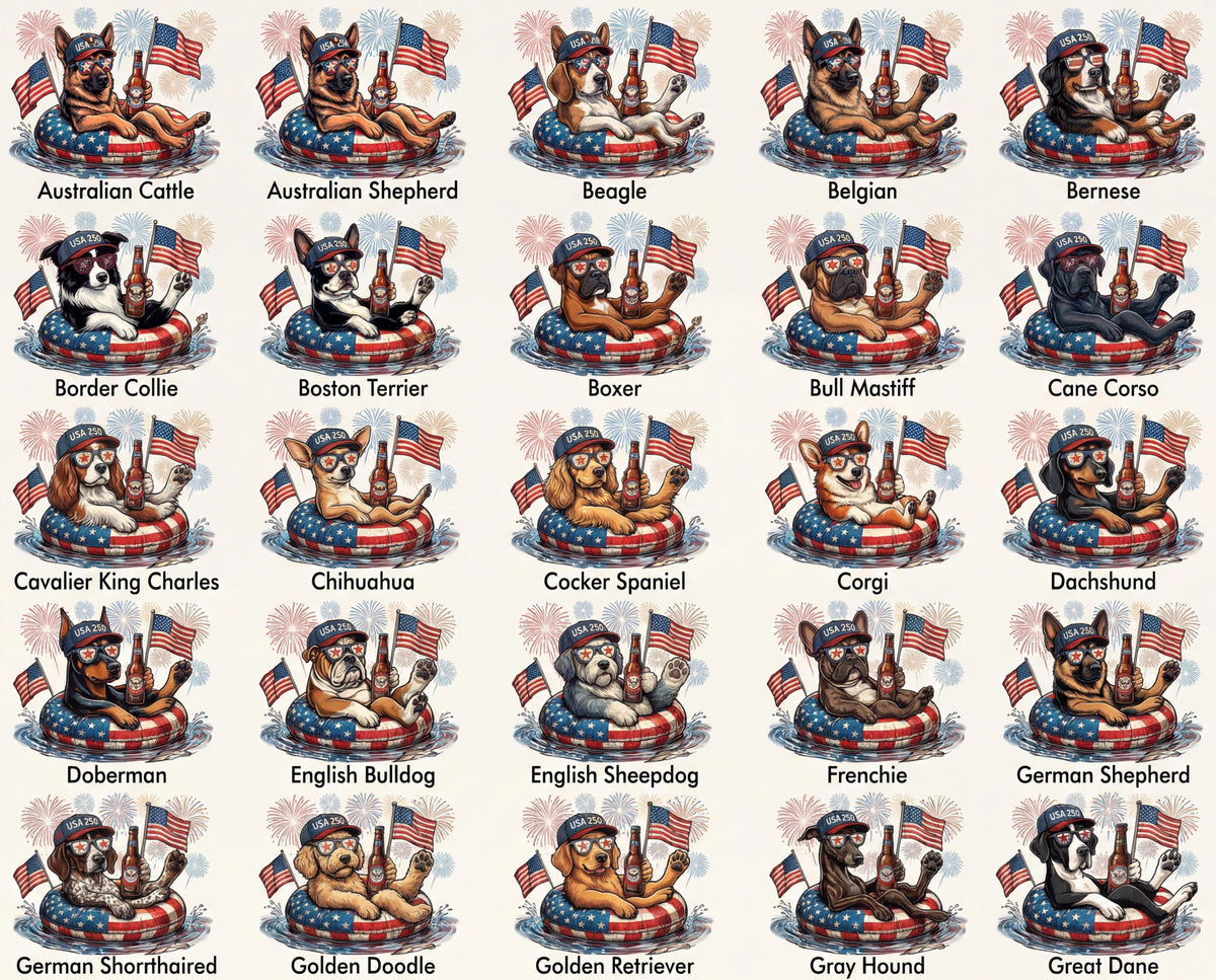 Patriotic Dogs Comfort Colors 4th of July Dog T-Shirts, 124+ Dog Breeds, Custom Available, USA Flag, Fireworks, USA 250 Shirt