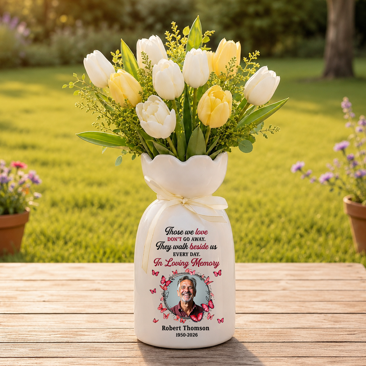 In Loving Memories Custom Photo Vase - Personalized Custom Ribbon Tie Flower Vase
