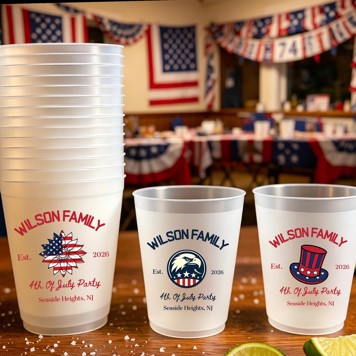 Personalized 4th of July Frosted Cups, Family Reunion Cups, Patriotic Party Favor, Beach & Lake House Cups, Backyard BBQ