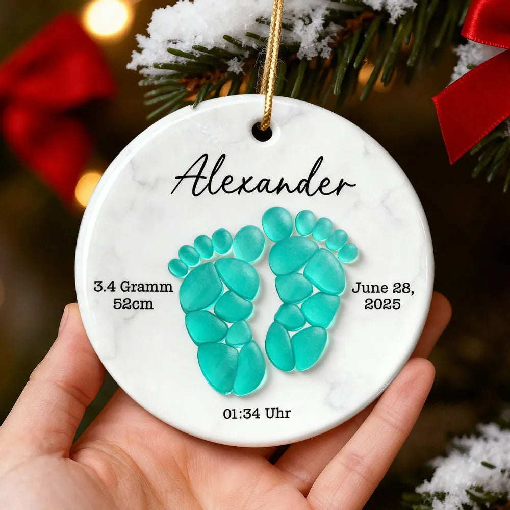 Sea Glass 3D Effect Baby Footprint - Personalized Ceramic Ornament With Acrylic - Christmas Gift for New Parents, Newborn