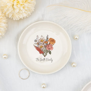 Custom Flower Jewelry Dish, Birth Flower Bouquet Ring Dish, Personalized Birthday Gift for Mother, Family Combine Jewelry Dish for Grandma