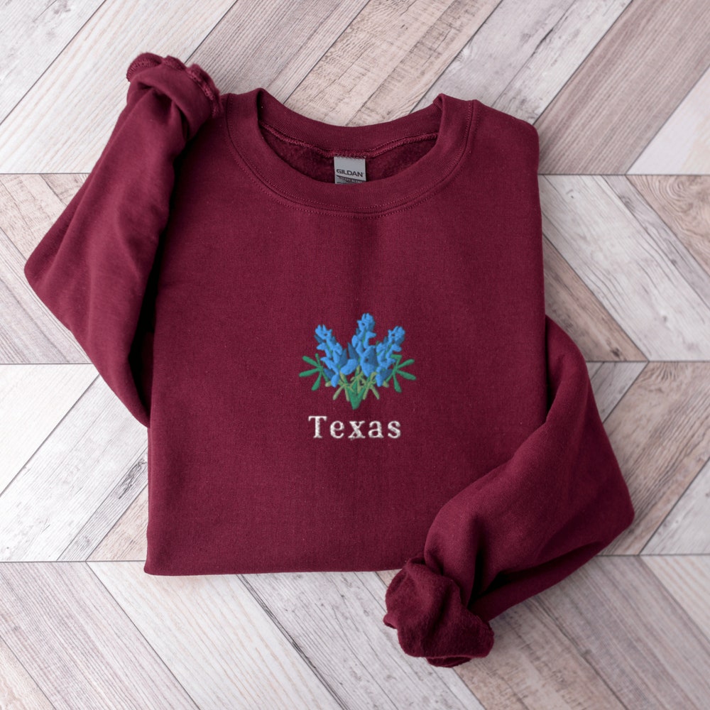 Texas Bluebonnets Sweatshirt, Embroidered Texas Shirt, Texas Crewneck Sweater, Embroidered Bluebonnets Shirt, Texas Bluebonnets