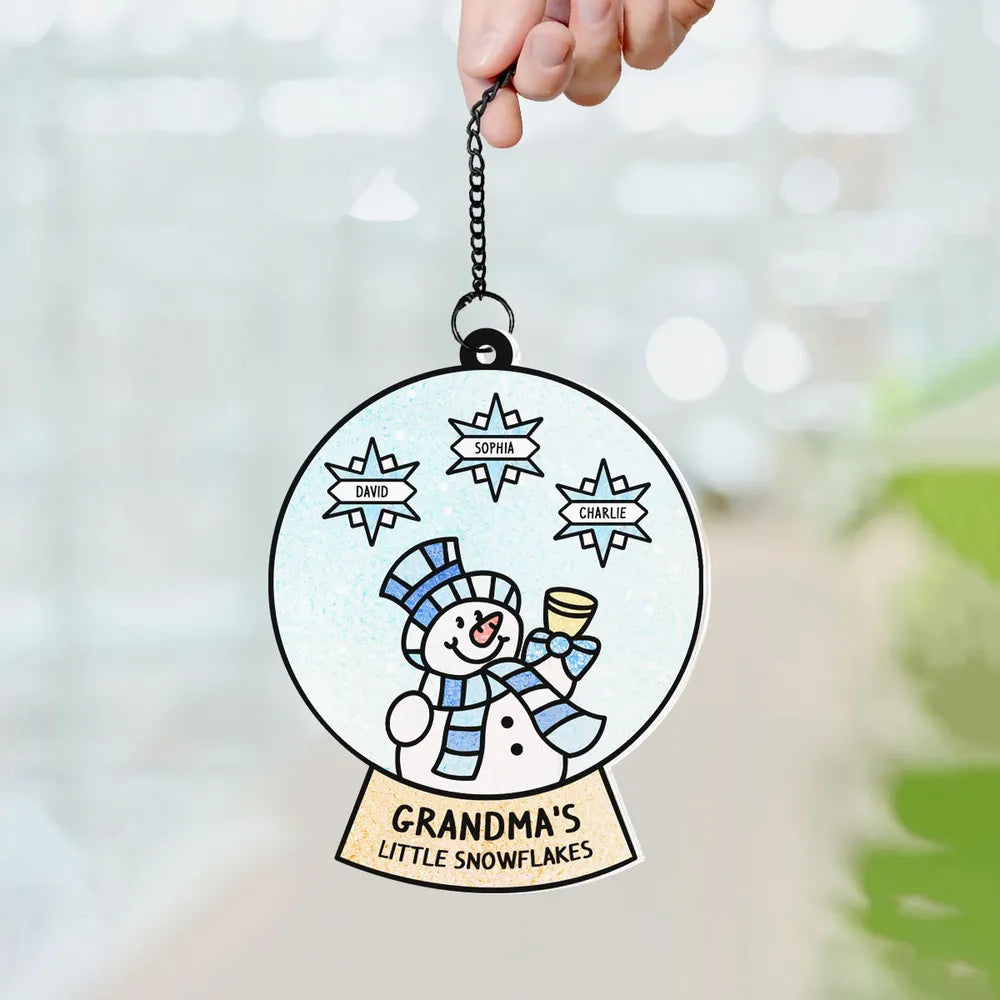Grandma Grandchild Snowman Family Personalized Suncatcher, Christmas Stained Glass Decor For Mom & Grandma
