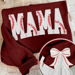 MAMA Baseball Coquette Side Bow Sweatshirt, Retro Trendy Coquette Lover Sweater, Bow Applique Pink Girl Gifts