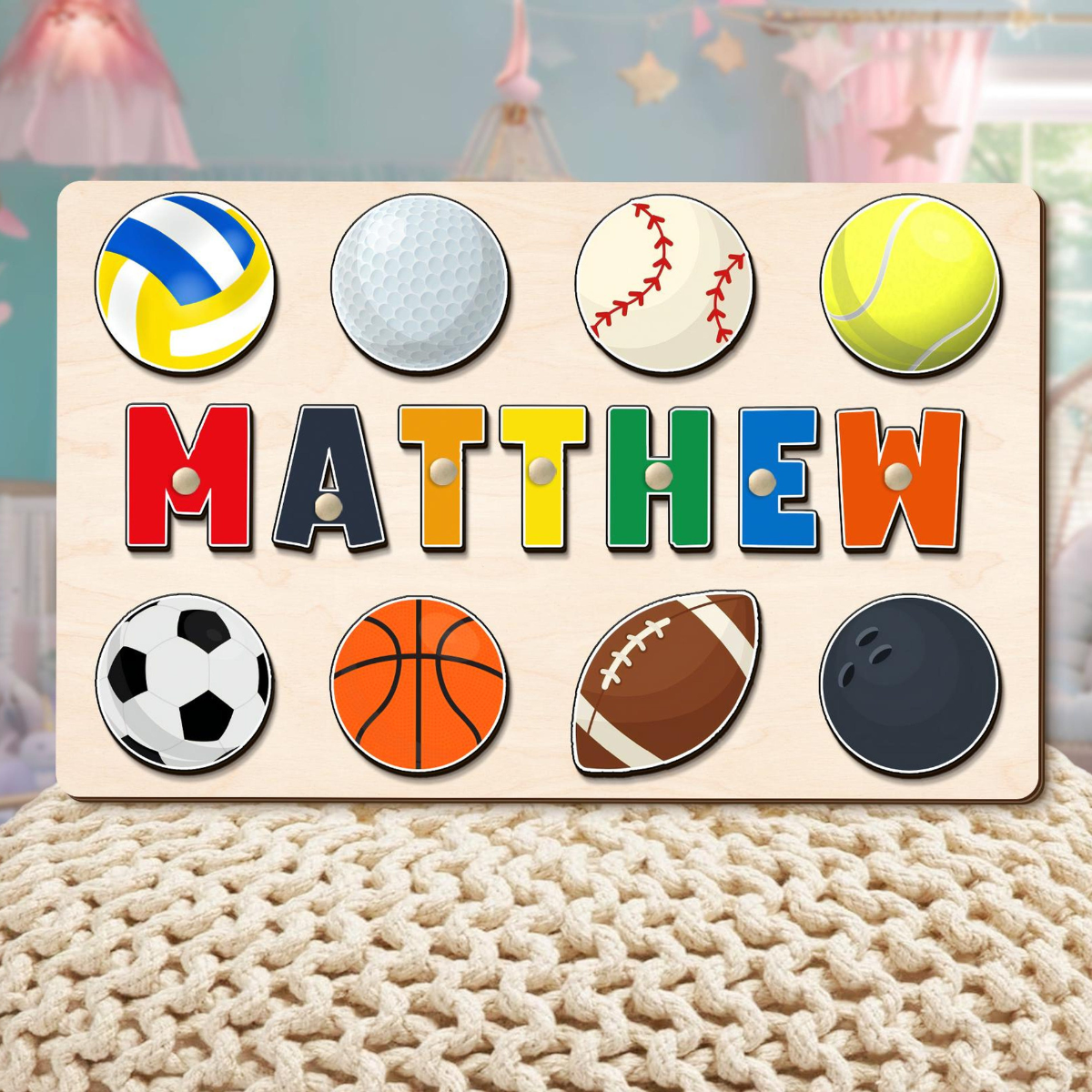 Birthday Gift for Boys, Custom Wooden Name Puzzle, Baby Shower Gift, Personalized Name Puzzle with Balls, Ball Game Sports Theme Name Puzzle