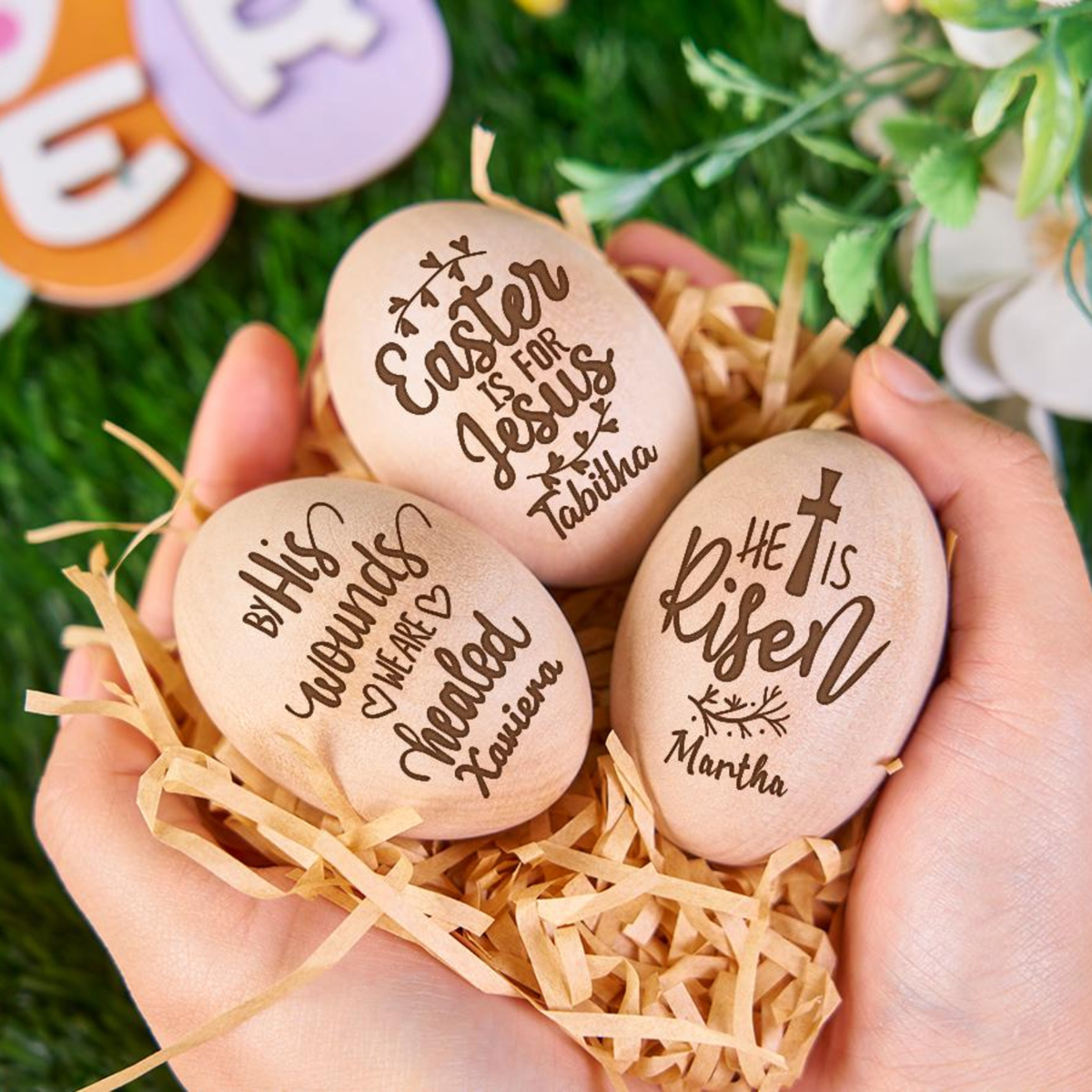 Personalized Engraved Easter Eggs Custom Easter Basket Fillers Wooden Egg Shaker Baby First Easter Table Centerpiece Decor Memory Keepsakes