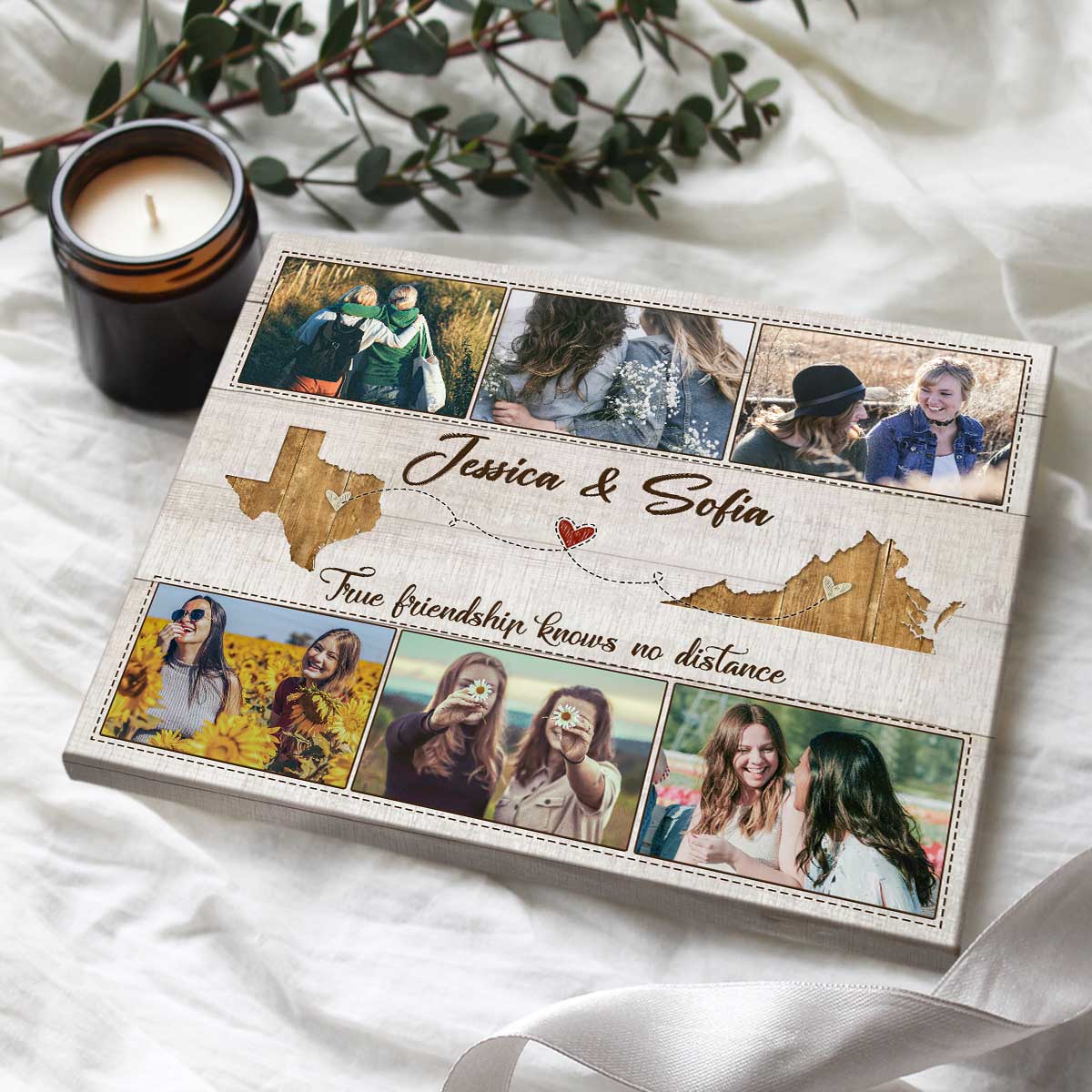 Custom Two State Besties Photo Canvas, Long Distance Friendship Gifts, Birthday Present For Long Distance Friend