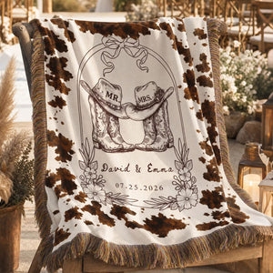 Personalized Wedding Gift Blanket - Rustic Western Mr and Mrs Blanket with Cow Boots Design - Custom Date Anniversary Present for Couples