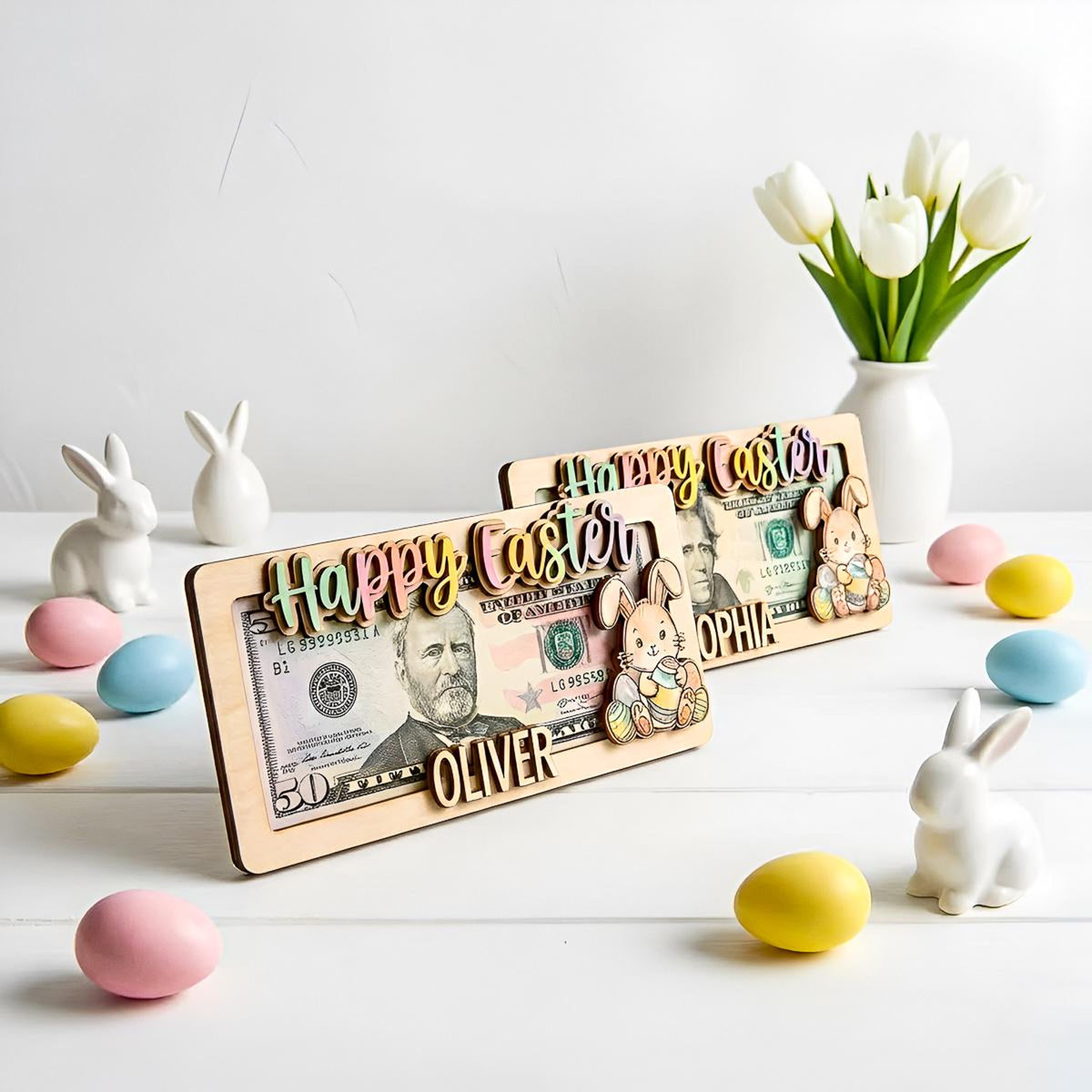Personalized Easter Money Holder, Custom Wooden Cash Gift Frame, Handcrafted Bunny & Egg Easter Decor, Personalized Easter Gift for Children