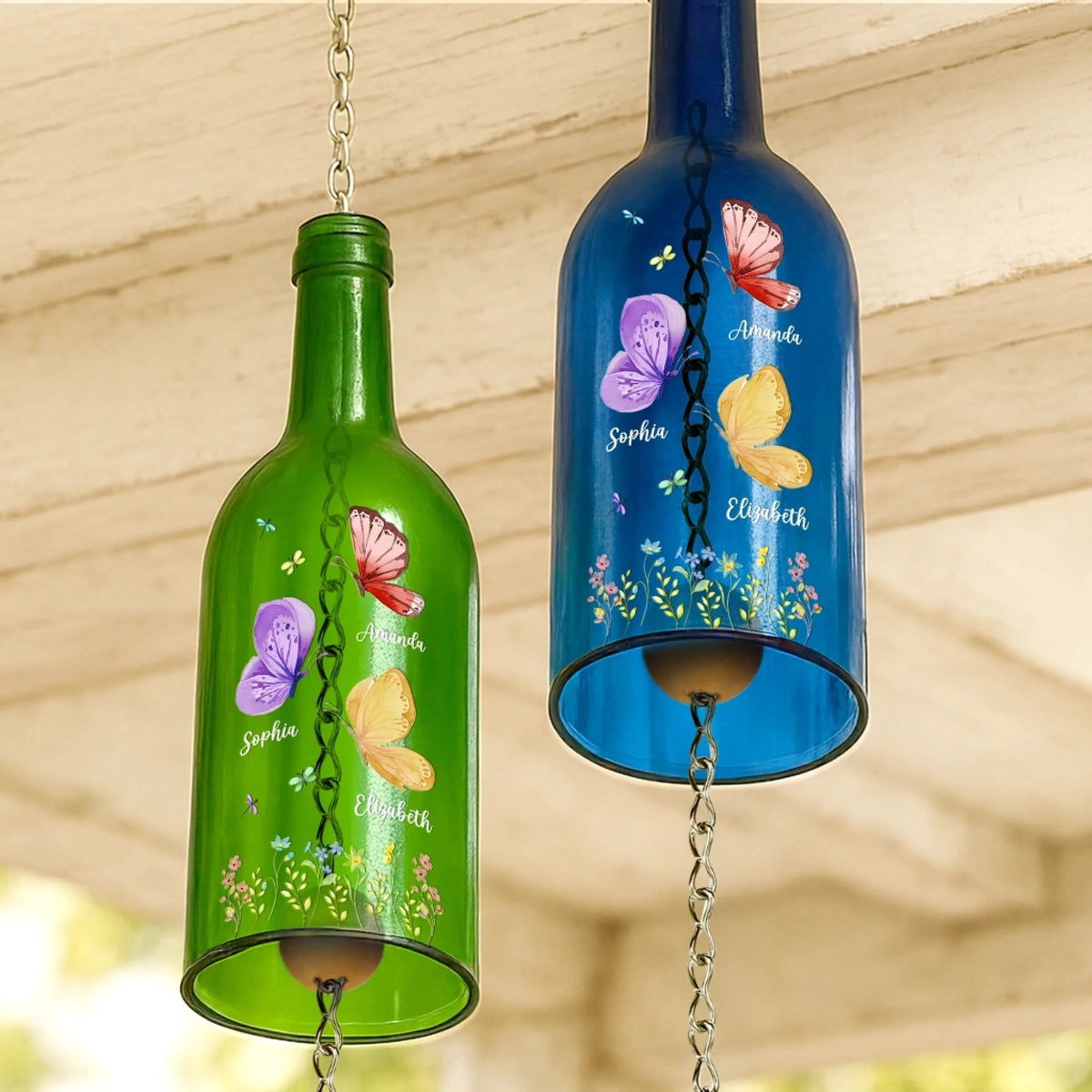 Sisters Birth Month Butterflies - Personalized Wine Bottle Wind Chime - Birthday Gift For Sisters, Besties