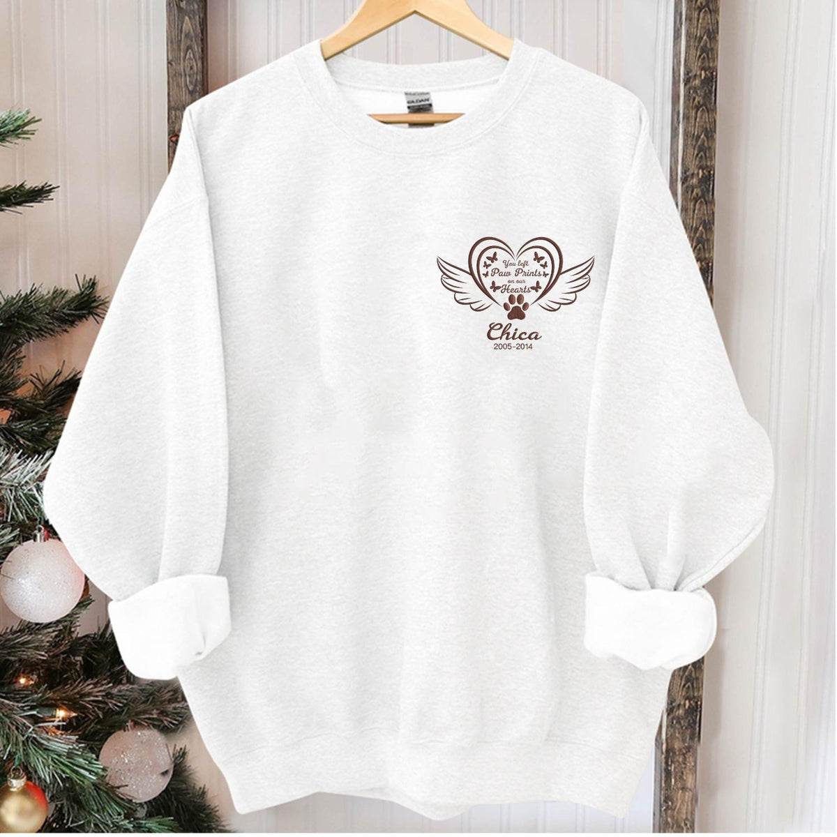 You Left Paw Prints On Our Hearts, Personalized Embroidered Sweatshirt, Custom Name & Date, Memorial Embroidered Sweatshirt