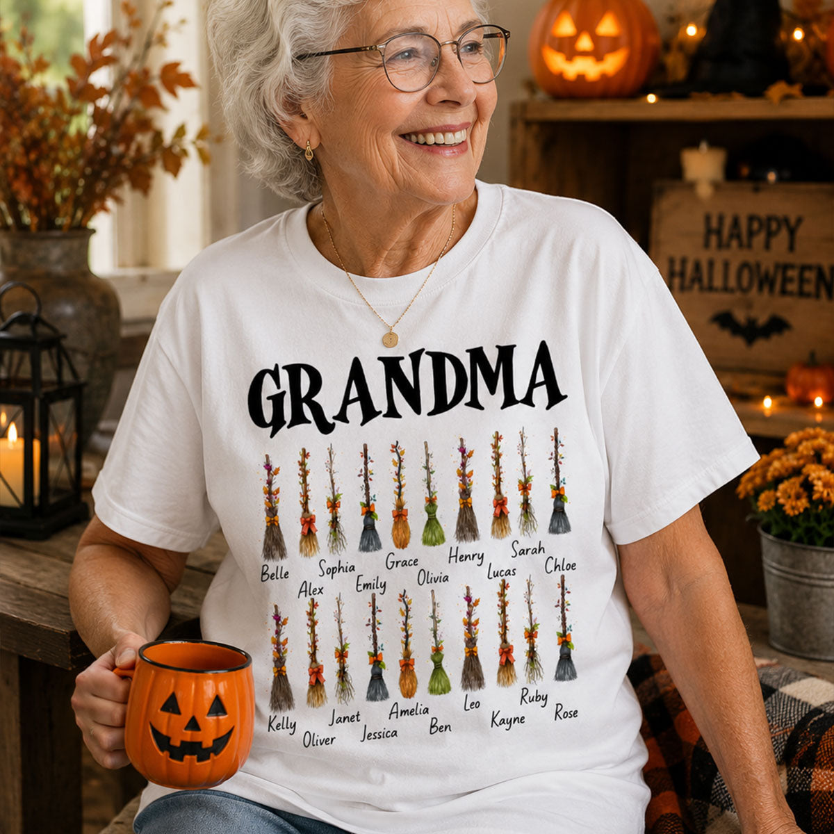 Grandma Witch Beautiful Broomsticks Custom Grandkids Names - Personalized Shirt - Halloween Gift For Grandma