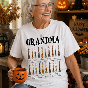 Grandma Witch Beautiful Broomsticks Custom Grandkids Names - Personalized Shirt - Halloween Gift For Grandma