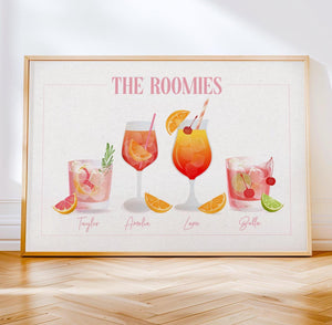 Custom roommates cocktail drink print, Personalised dorm room decor college apartment name sign, wall art decor