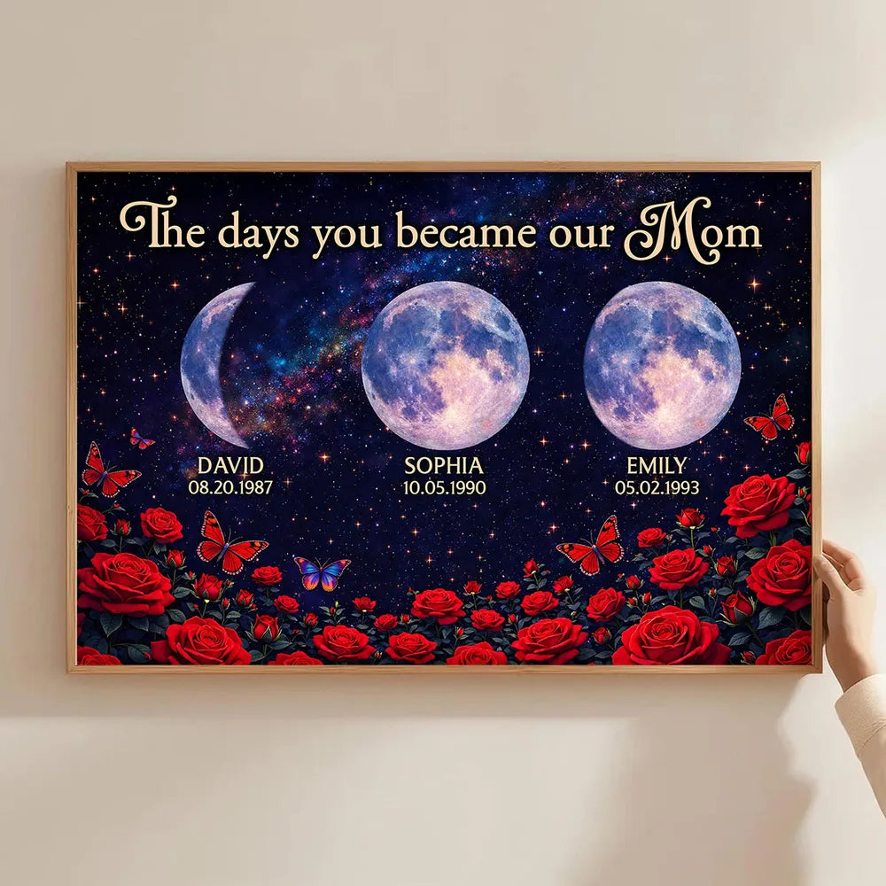 Roses The Day You Became Mom Grandma Custom Birth Moon Phase - Personalized Canvas - Mother's Day Gift For Mom, Grandma