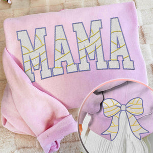 MAMA Volleyball Coquette Side Bow Sweatshirt, Retro Trendy Coquette Lover Sweater, Bow Applique Pink Girl Gifts