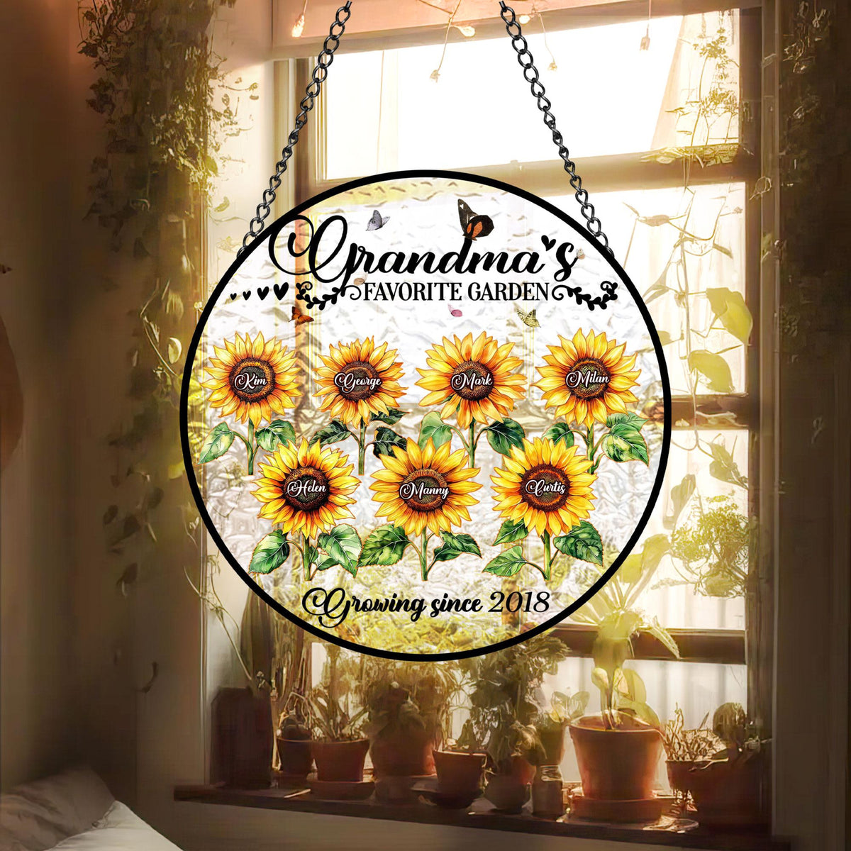 Grandma's Favorite Sunflowers - Personalized Stained Glass Suncatcher - Gift For Grandma, Mother's Day Gift