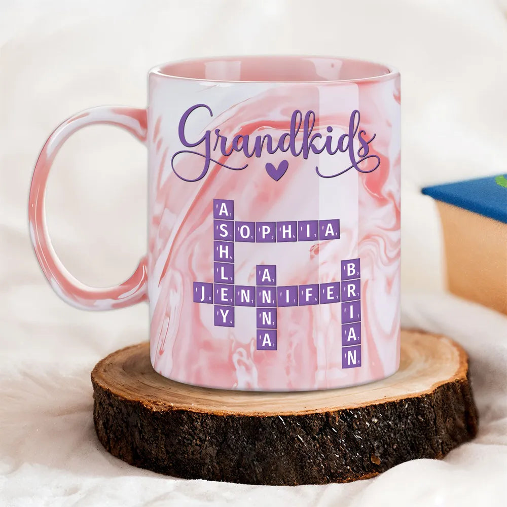 Grandkids Purple Crossword Wildflower Pattern - Personalized Marble Mug - Gift For Grandma Mom, Mother's Day, Birthday Gift
