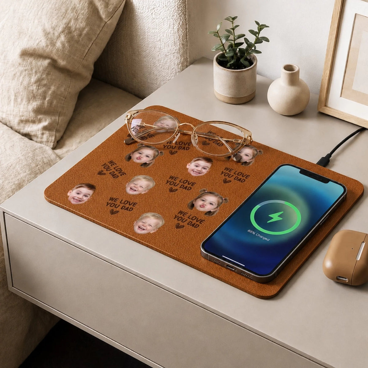 Happy Father's Day Custom Kid's Faces - Personalized Wireless Charging Mat - Gift For Dad Grandpa, Father's Day Gift