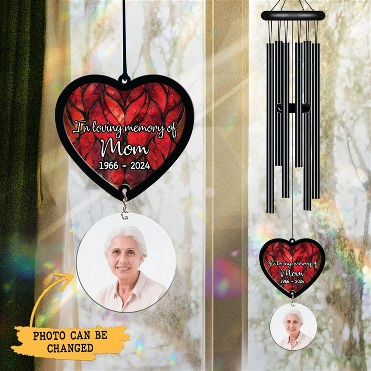 Personalized Memorial Wind Chime, Black Wind Chime, Heart Suncatcher Wind Chime, In Loving Memory, Custom Family Photo, Christmas Gift
