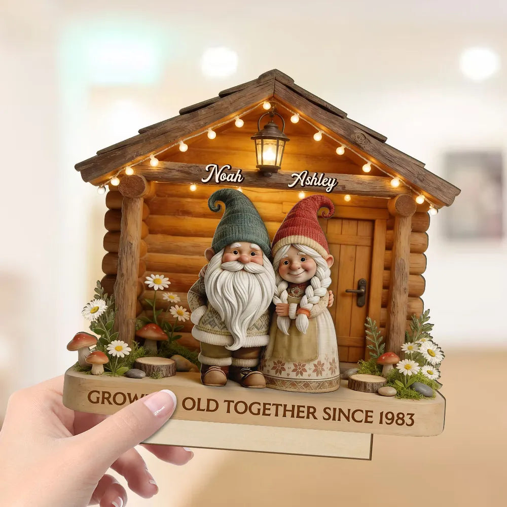 Eternal Love Gnome Couple At Wooden Cabin - Personalized Wooden Plaque - Heartfelt Gift For Couple