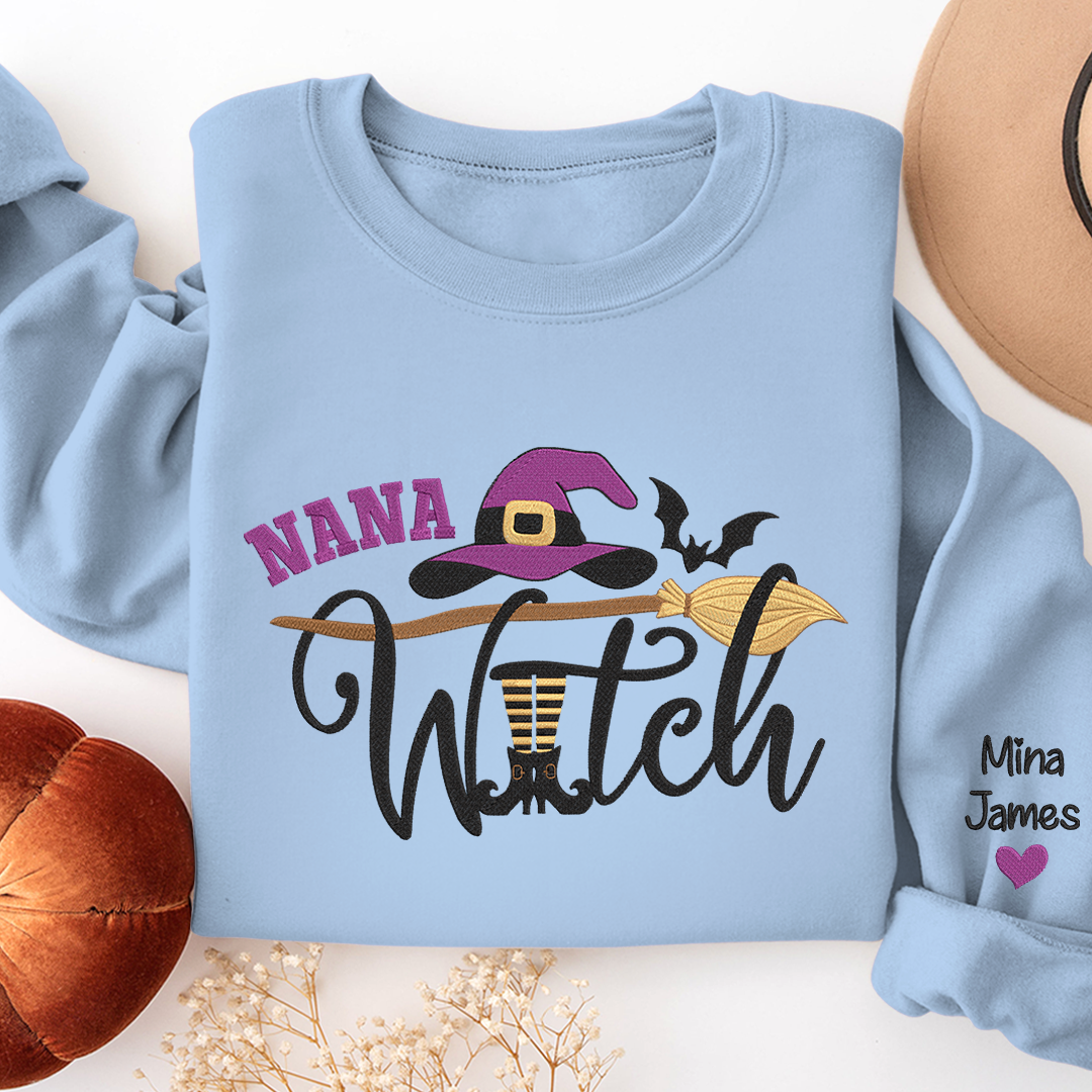 Nana Witch Sweatshirt, Custom Grandma & Kids Halloween Gifts, Gift For Grandma Embroidered Sweatshirt