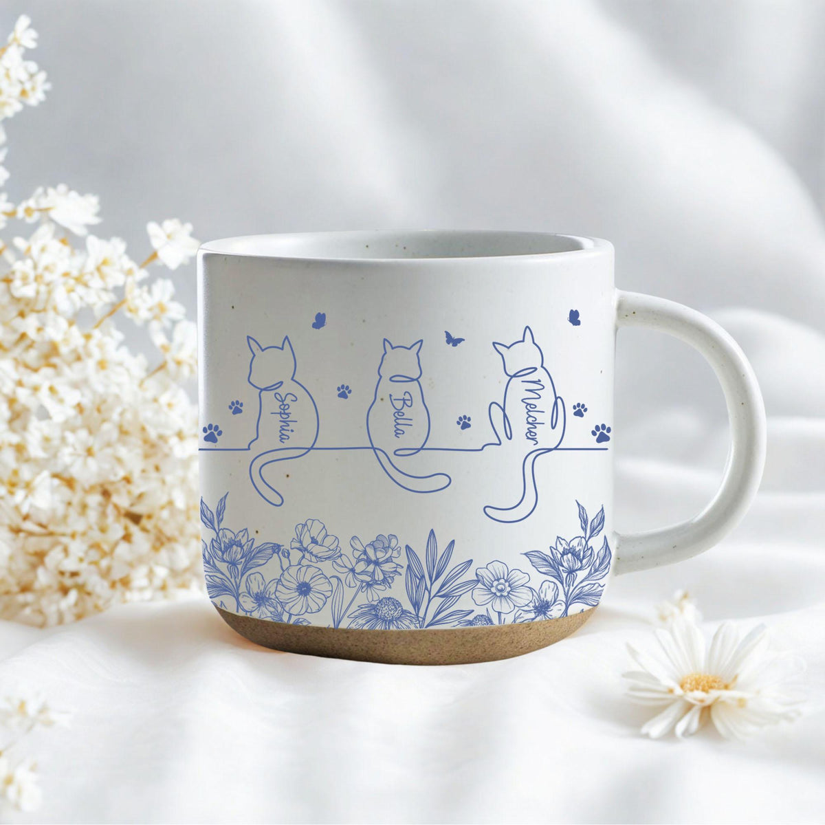 Toile De Jouy Cute Cat Line Art With Name Pottery Mug, Personalised Cat Mug, Cat Memorial Gift, Gift for Pet Mom/Pet Dad, Pet Lover's Gift