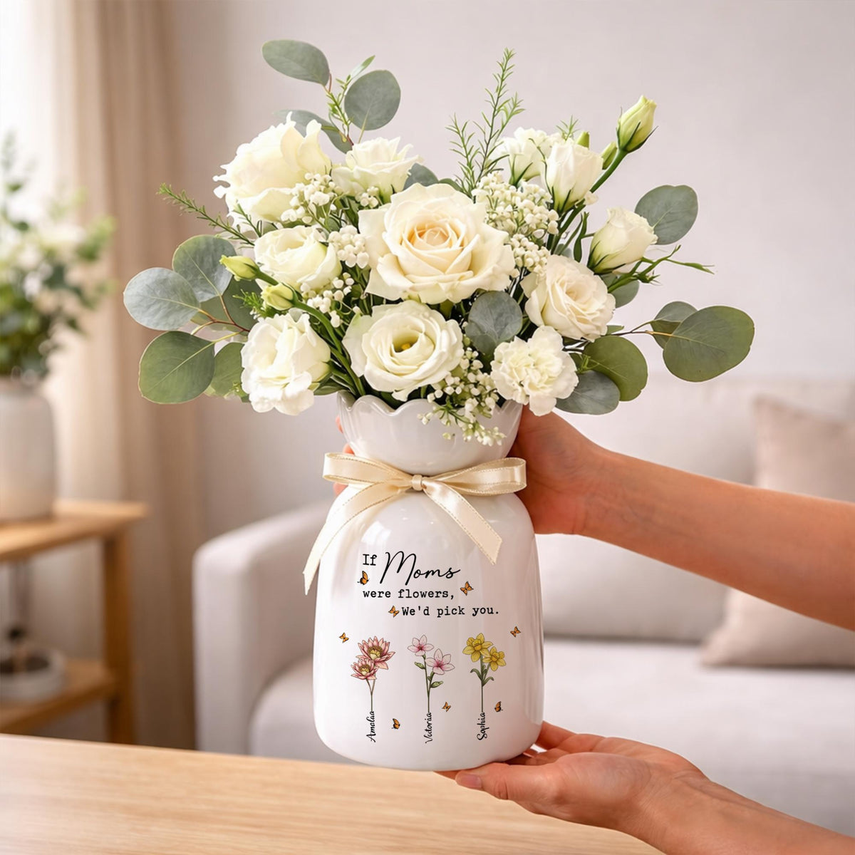 Personalized Mom Garden Ceramic Vase, Custom Birth Flower Vase for Mom, Grandma Garden Vase, Mother's Day Gift for Mom, Nana Gift